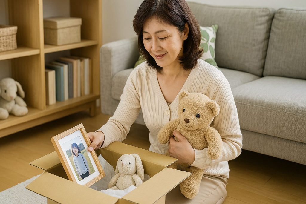 みんなのお焚き上げに郵送しようと整理している60代女性の写真