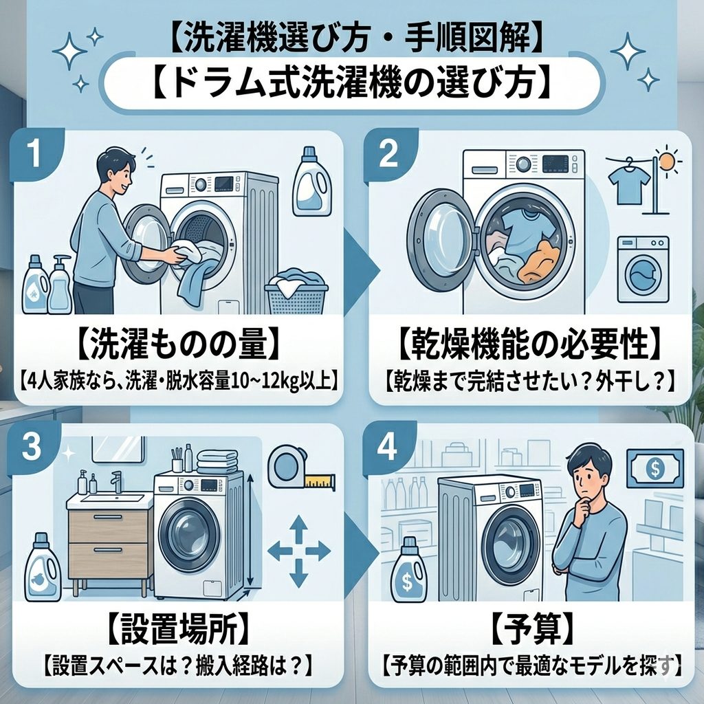 ドラム式洗濯機の選び方の手順を図解。4つの視点。