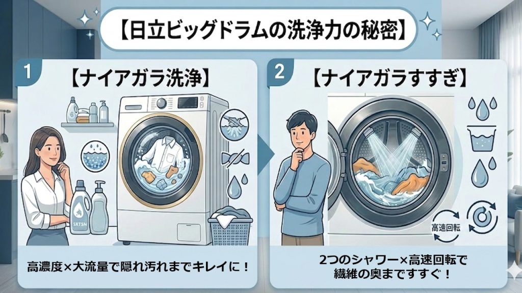 日立ビッグドラムの洗浄力の秘密は、ナイアガラ洗浄とナイアガラすすぎにある。ナイアガラ洗浄は、高濃度の洗浄液で大流量で洗うことで、隠れ汚れまで落とす。ナイアガラすすぎは、２つのシャワーを用い高速回転ですすぐことで、繊維の奥まですすげるというもの。