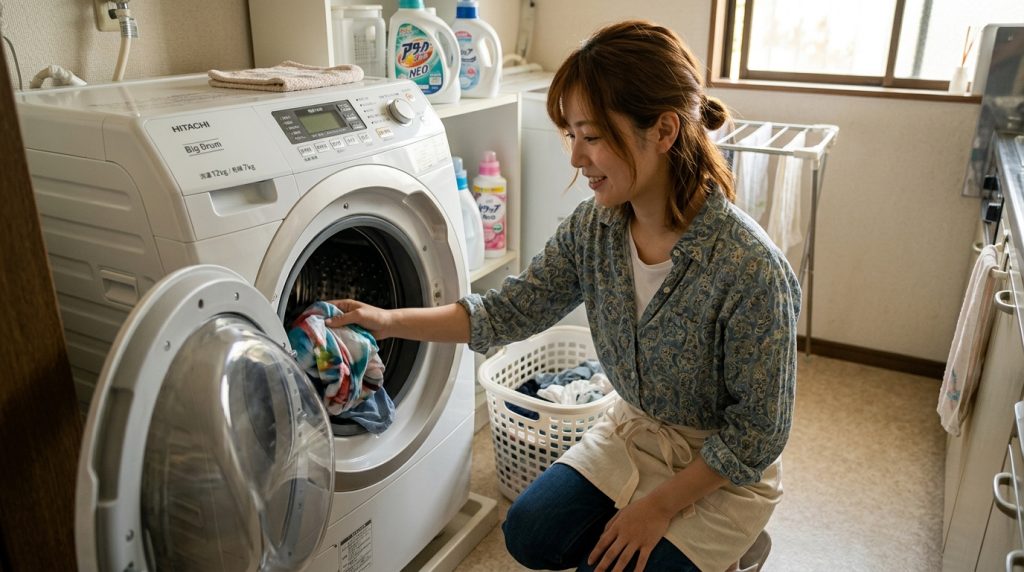 日立ビッグドラムで洗濯をしている日本人の若い奥さん