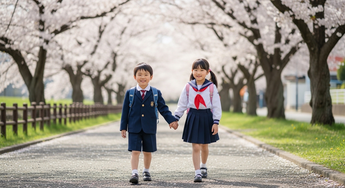 小学校１年生の男の子と女の子がランドセルを背負って手をつないでいる写真