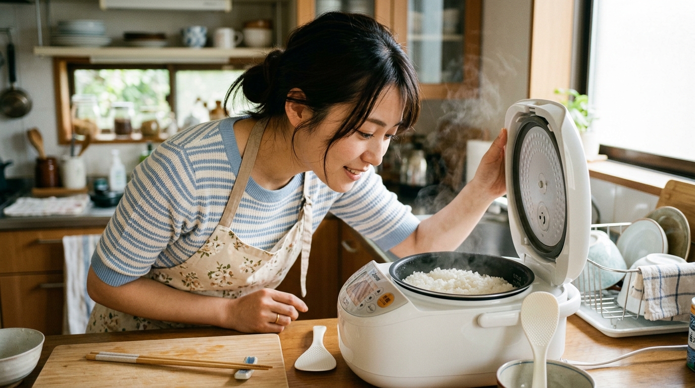象印の炎舞炊きで炊いたごはんが「まずい」のか？興味津々の若い奥さん。
