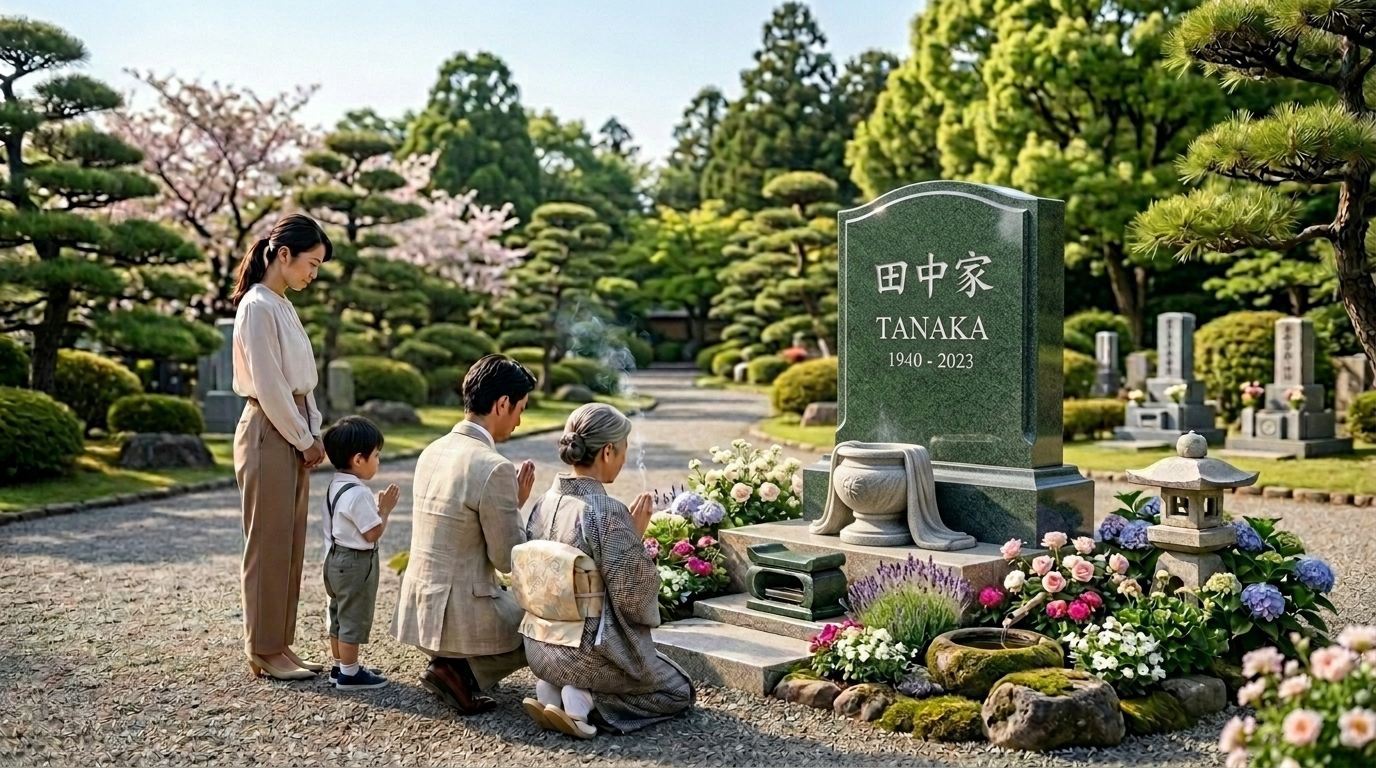 お墓に家族でお参りしている画像。墓石は評判・口コミで人気の石屋千鳥の「お墓レンタス」。